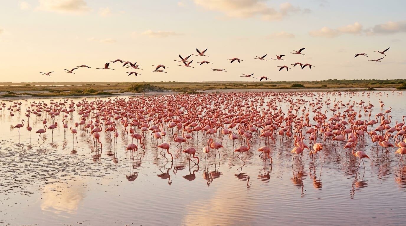 Thousands of pink flamingos wading in the shallow pink waters of Lake Windsor with Inagua National Park wetlands stretching to the horizon