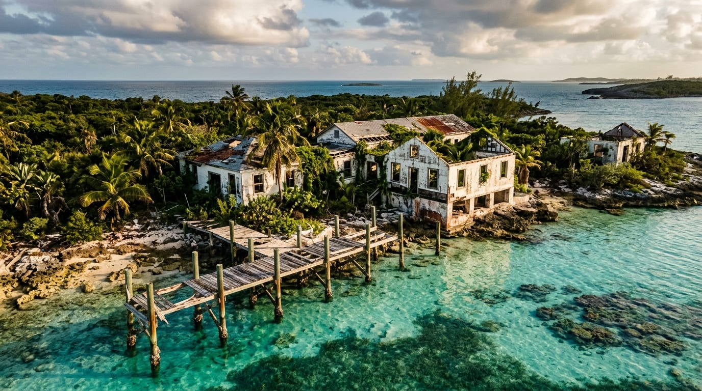 Abandoned marine research buildings on Lee Stocking Island with vegetation growing through structures