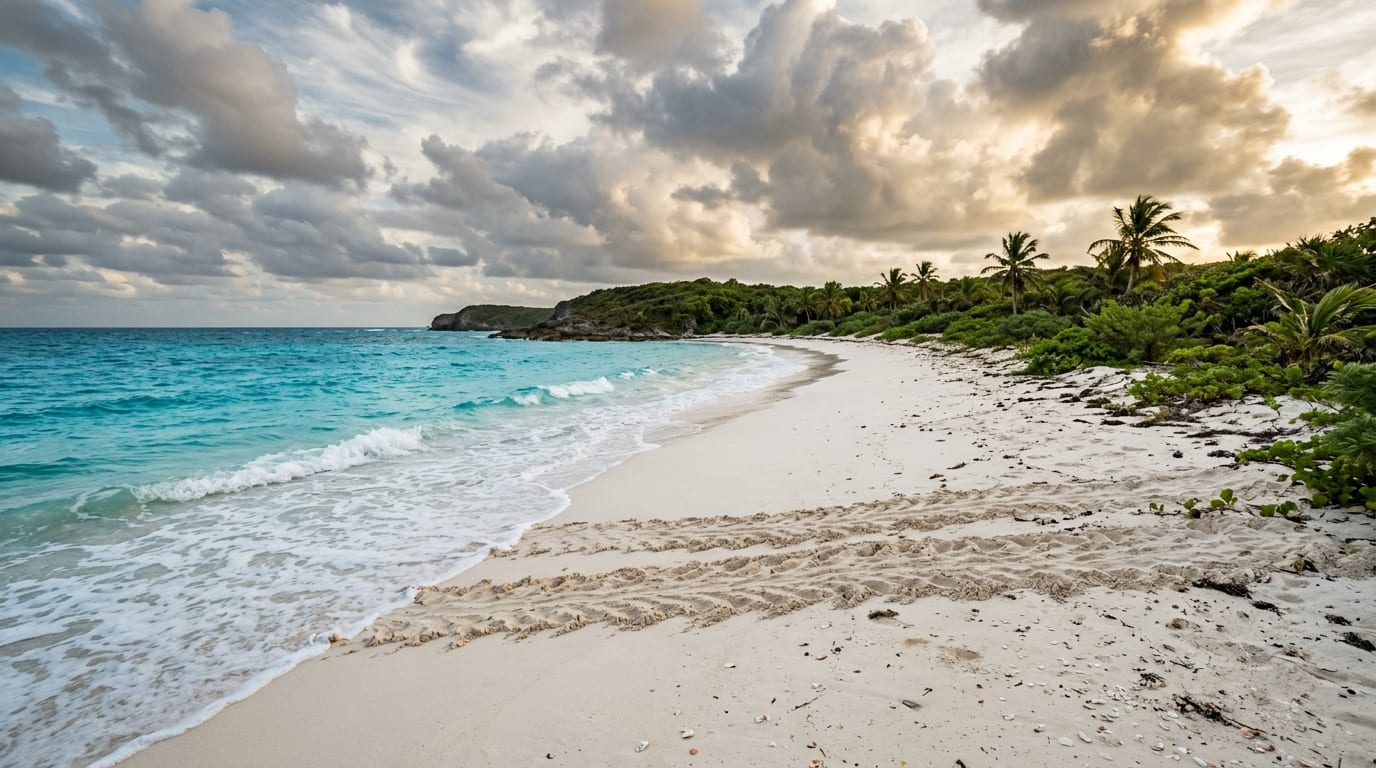 Pristine beach on Little Inagua with sea turtle tracks leading to the vegetation line and wild natural coastline stretching into the distance