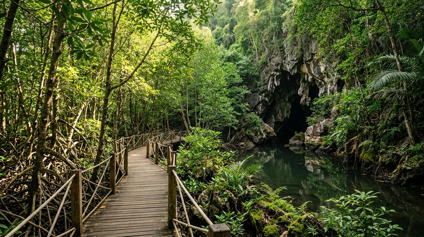 Wooden boardwalk winding through lush mangroves toward the entrance of a limestone cave at Lucayan National Park, Grand Bahama