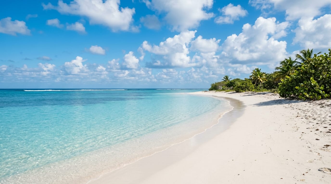 Deserted white sand beach on Mayaguana with crystal-clear turquoise water stretching to a distant reef line under brilliant blue skies
