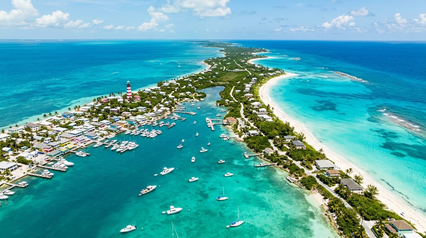 Aerial view of North Bimini's narrow island stretching through turquoise waters with Alice Town's colorful waterfront buildings visible along the shore