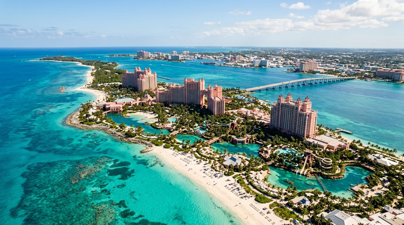 Aerial view of Atlantis resort on Paradise Island with turquoise water, white sand beaches, and the bridge to Nassau in the distance