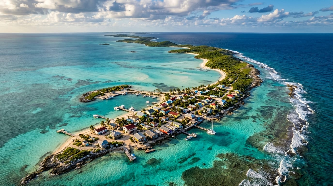 Aerial view of Duncan Town settlement on Ragged Island surrounded by turquoise shallows and the wild uninhabited cays of the Jumentos chain
