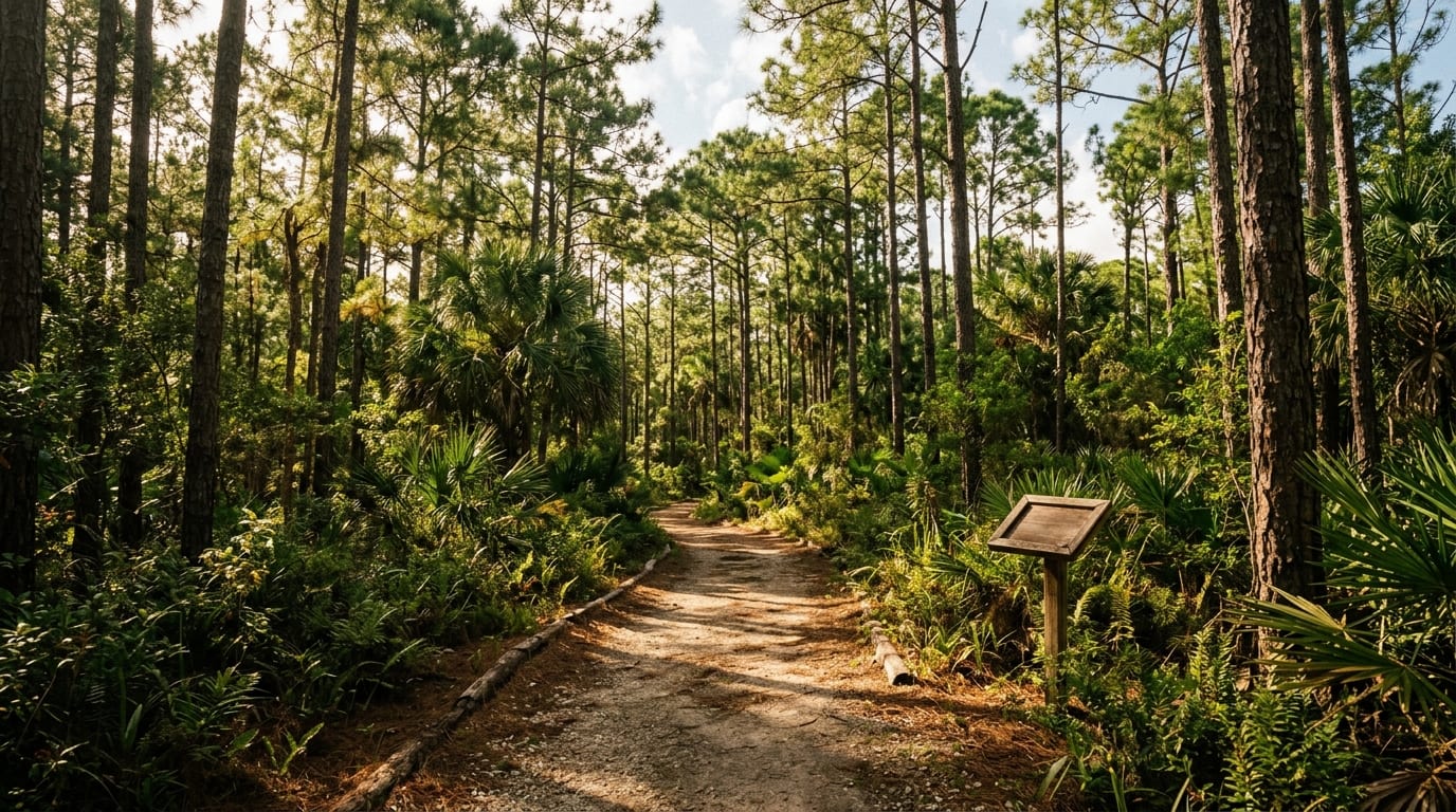 Nature trail winding through Caribbean pine forest at the Rand Nature Centre with dappled sunlight and native vegetation