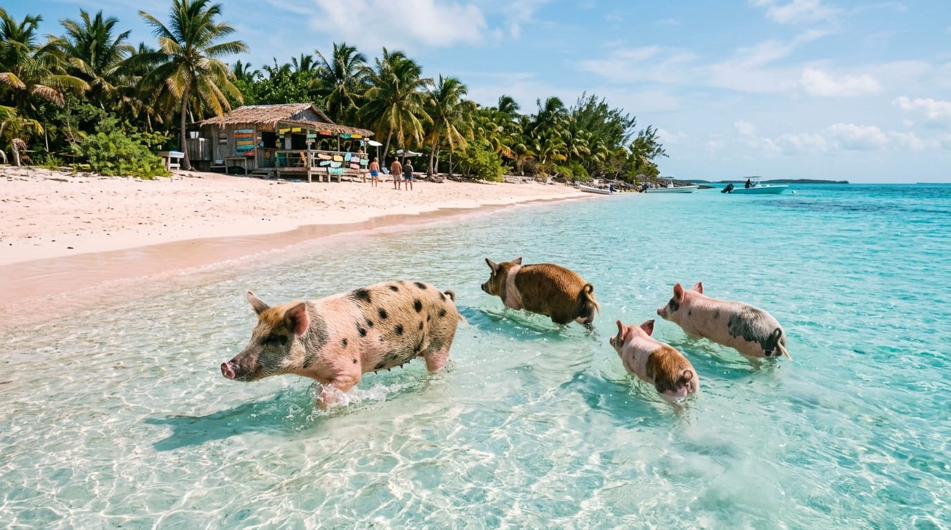 Swimming pigs wading in turquoise shallows off a pink-sand beach on Rose Island, Bahamas