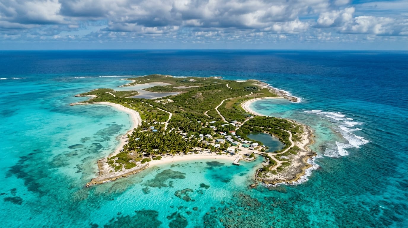 Aerial view of Rum Cay showing turquoise waters surrounding the green island with coral reefs visible beneath the surface