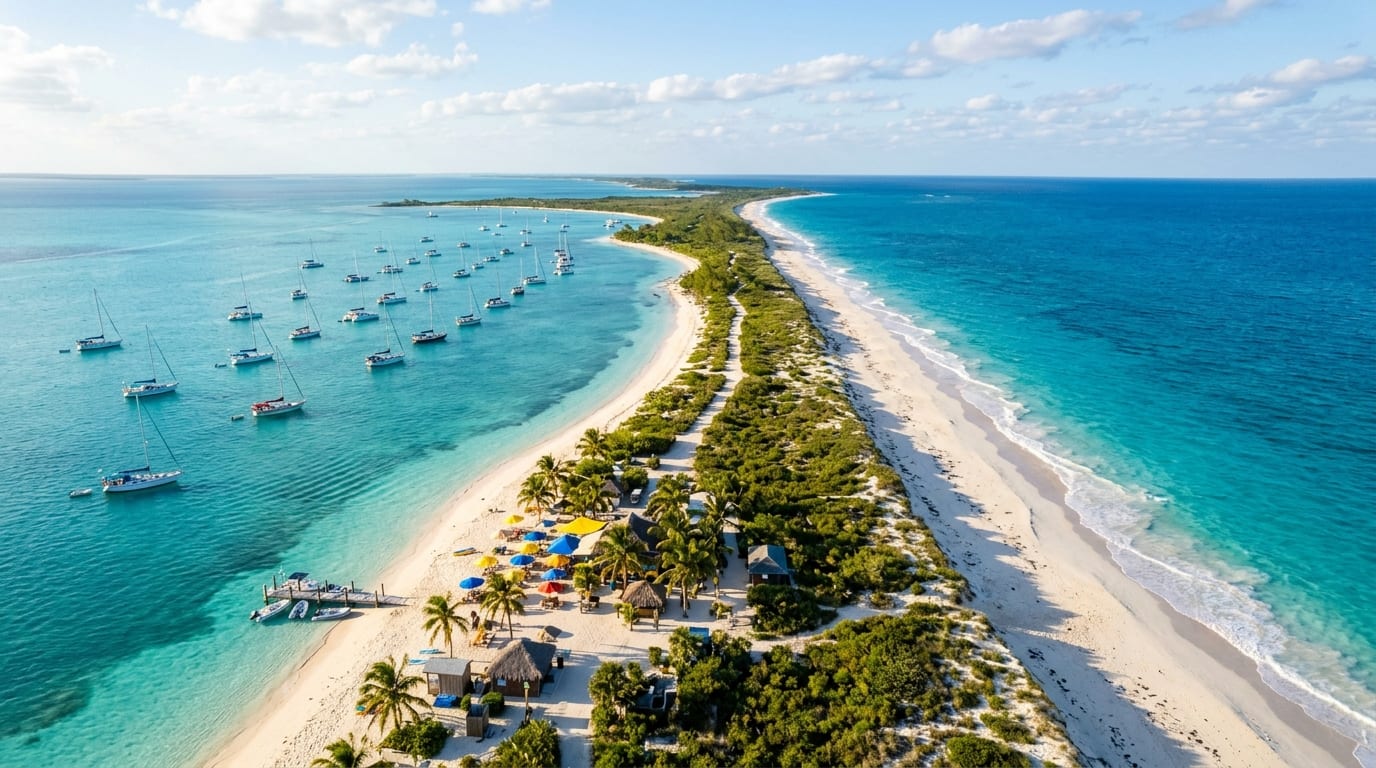 Aerial view of Stocking Island showing the narrow barrier island with white sand beaches on both harbour and Atlantic sides, turquoise water surrounding
