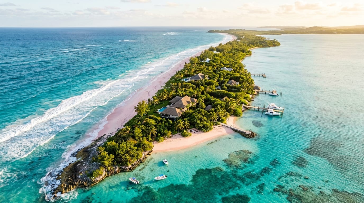 Aerial view of Windermere Island showing the narrow private island stretching along Eleuthera's Atlantic coast with pink sand beaches and turquoise water