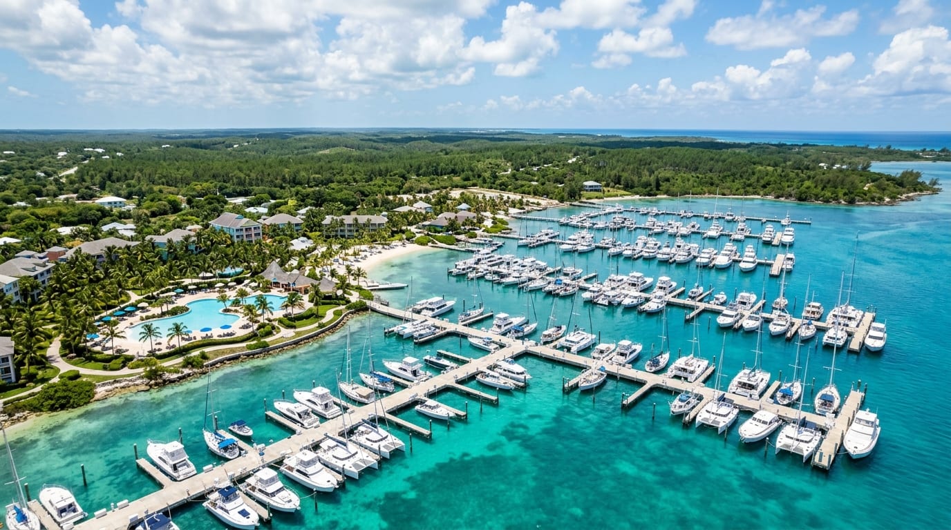 Abaco Beach Resort and Boat Harbour Marina with yachts at dock along the turquoise Sea of Abaco in Marsh Harbour