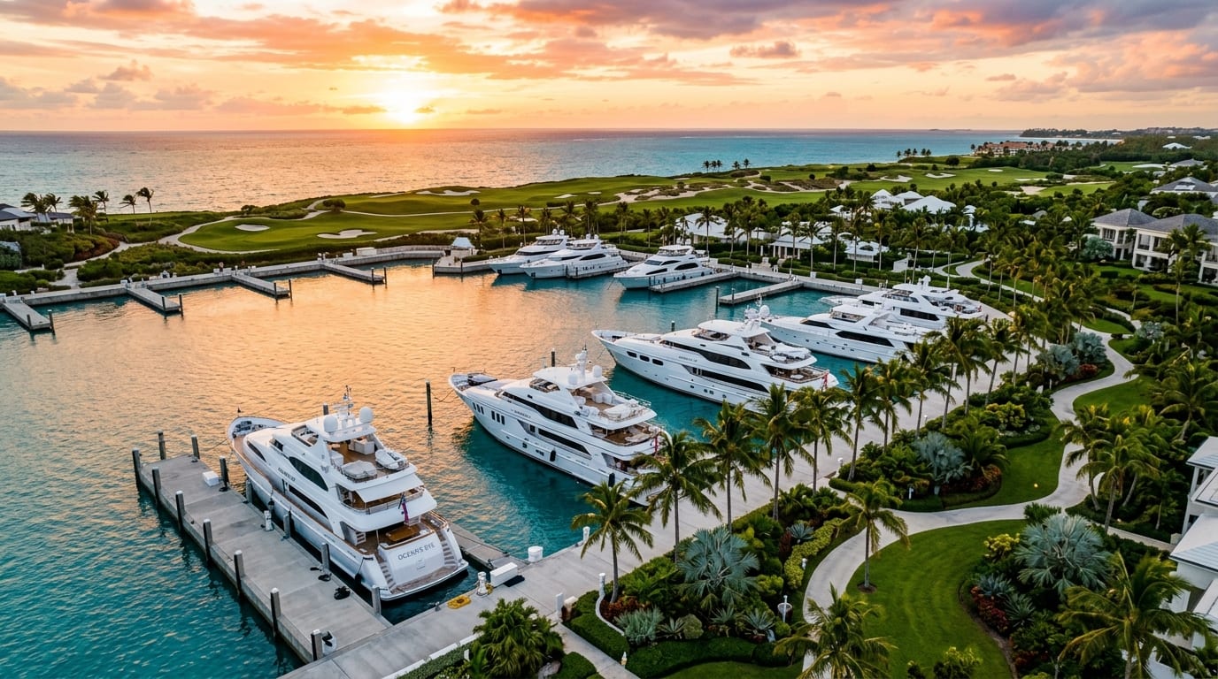 Albany Marina with megayachts docked at floating concrete piers in Nassau's exclusive southwestern private community