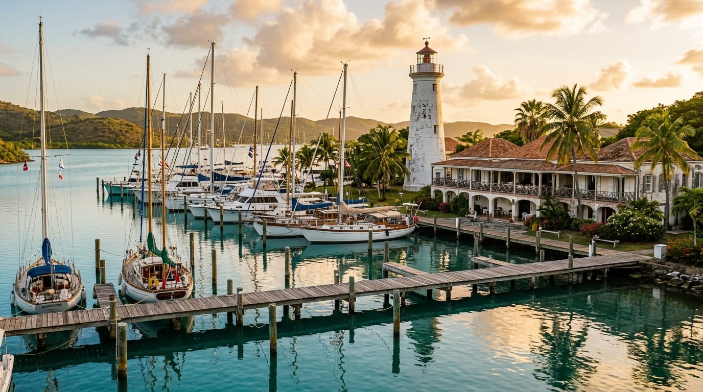 Historic Andros Lighthouse Yacht Club marina with traditional lighthouse overlooking the turquoise waters of Fresh Creek, Andros