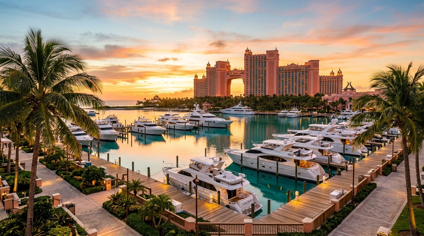 The Marina at Atlantis Paradise Island with megayachts docked and the iconic Atlantis Resort towers rising in the background