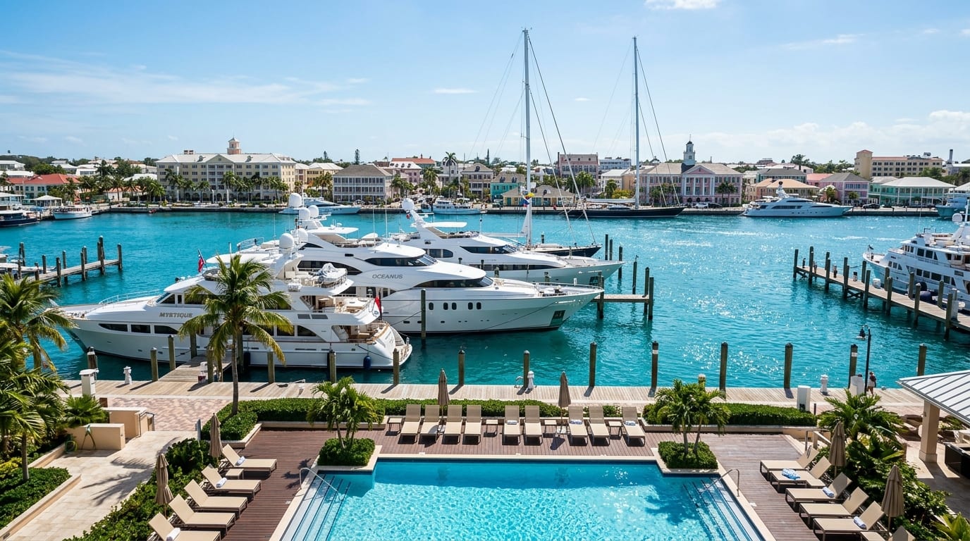 Bay Street Marina in Nassau with superyachts berthed at modern docks and downtown Nassau skyline in background