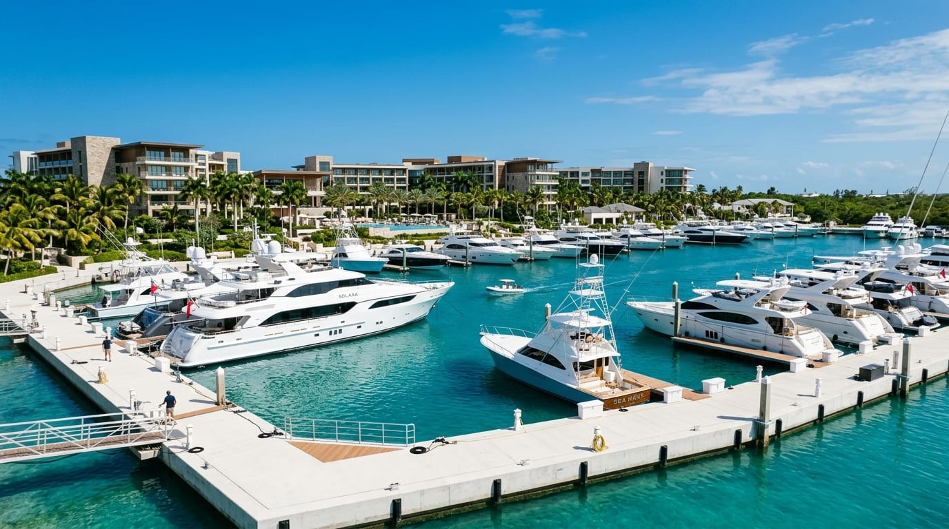Modern floating docks at Bimini Bay Marina with megayachts berthed and the Resorts World Bimini complex visible in the background