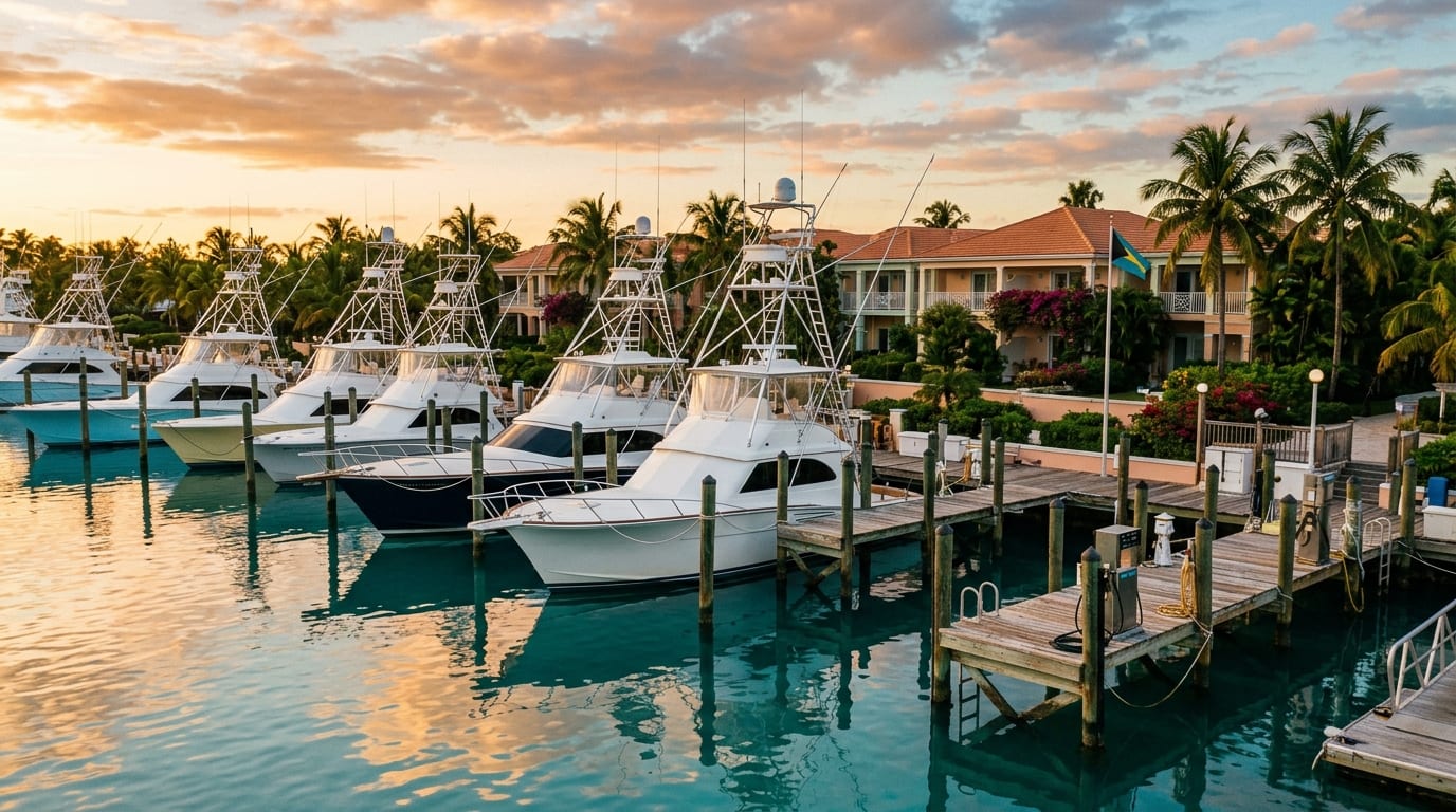 Bimini Big Game Club Marina at sunset with sportfishing yachts moored along the docks and the resort buildings beyond