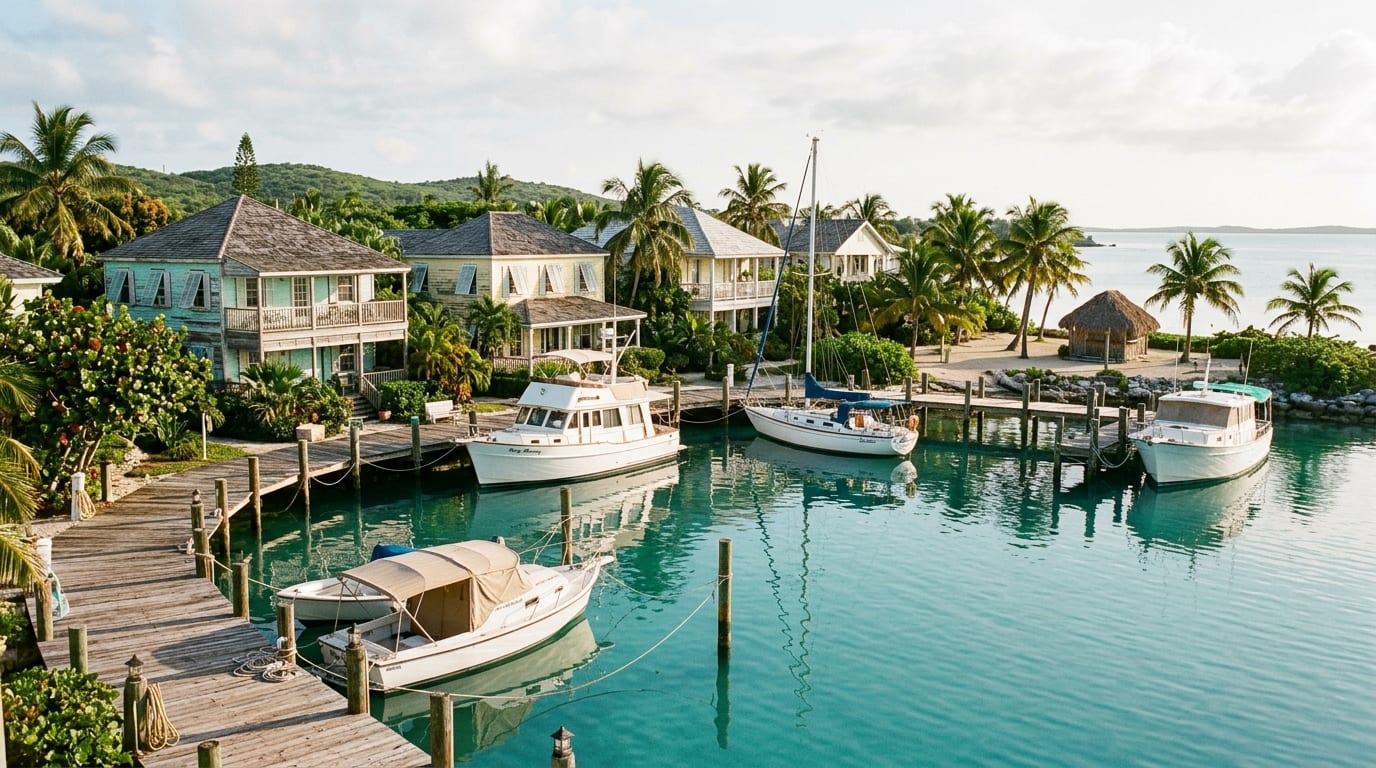 Bimini Blue Water Marina with boats moored in the calm harbor and the historic resort buildings visible among palm trees