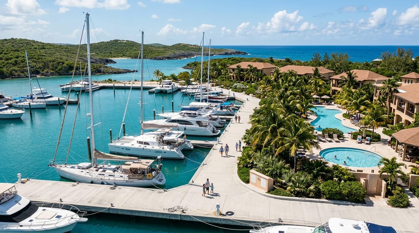 Bimini Sands Marina with yachts moored at floating docks and the South Bimini resort visible among palm trees