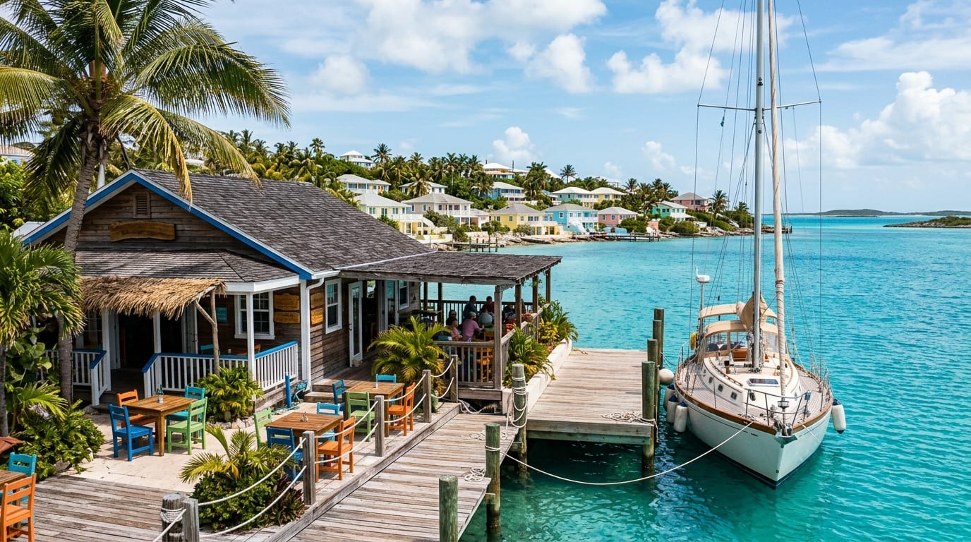 Black Point Yacht Club dock and restaurant on Great Guana Cay with colorful Bahamian buildings and turquoise water