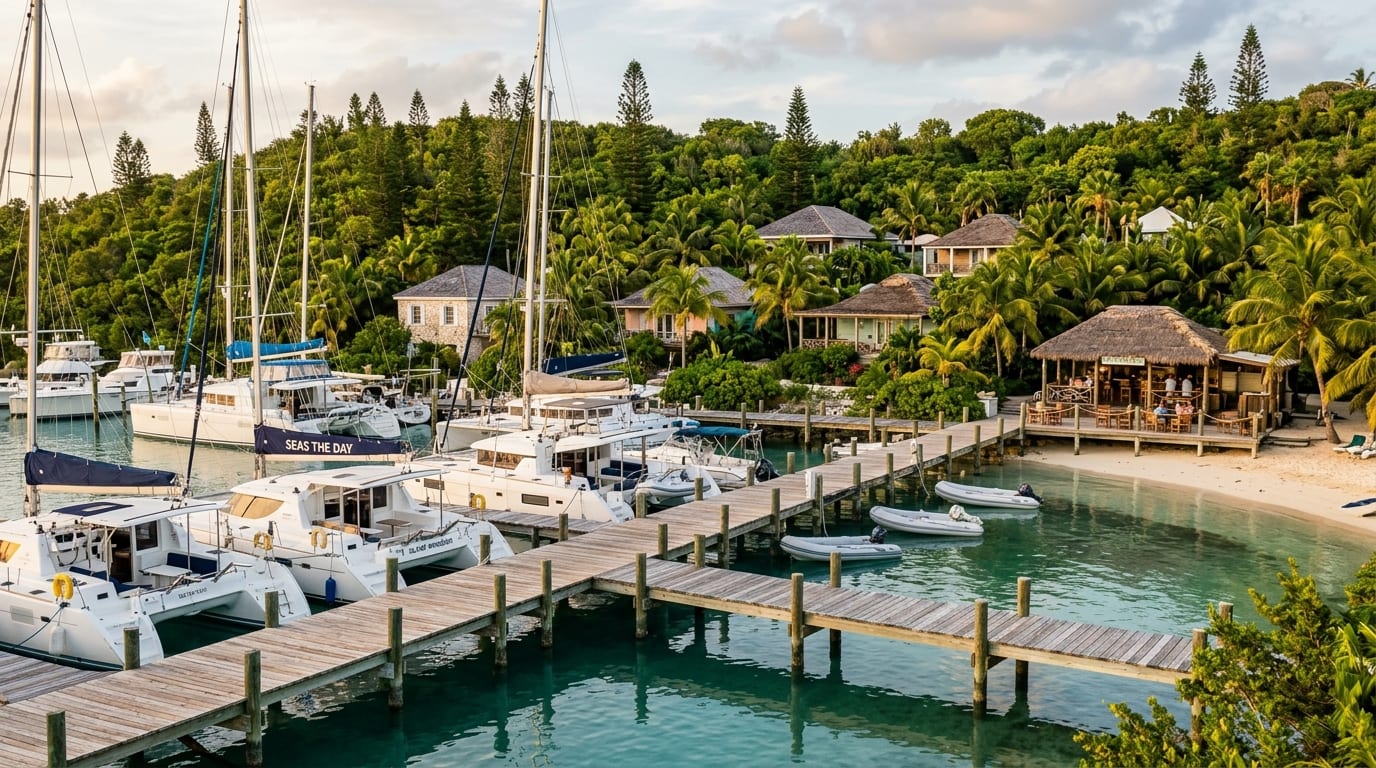 Bluff House Marina with catamarans and sailing yachts at dock in White Sound on Green Turtle Cay with tropical resort grounds visible