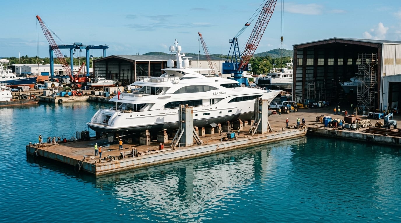 Bradford Marine Bahamas shipyard showing large yacht on drydock with industrial cranes and workshops in the background