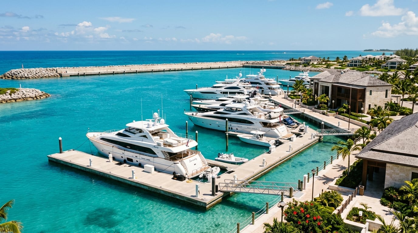 Briland Club Marina superyacht berths with floating docks and fixed breakwater on Dunmore Harbour, Harbour Island