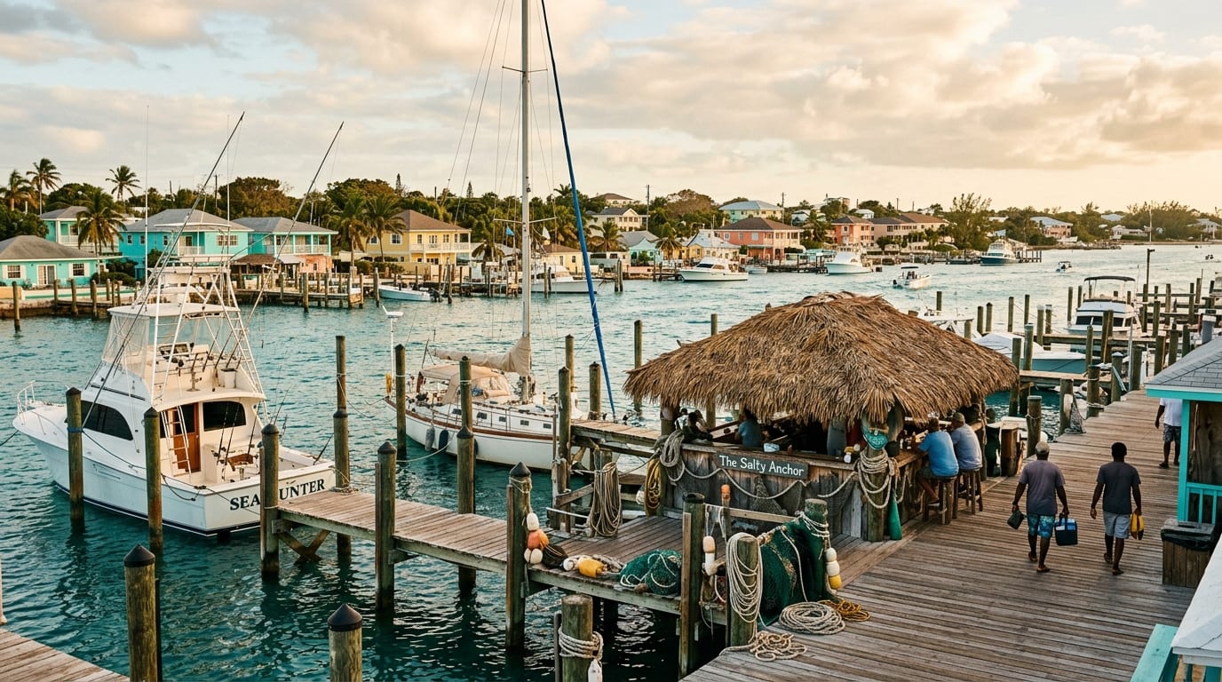 Brown's Marina in Alice Town with sportfishing boats docked along the waterfront and the tiki bar visible on the boardwalk