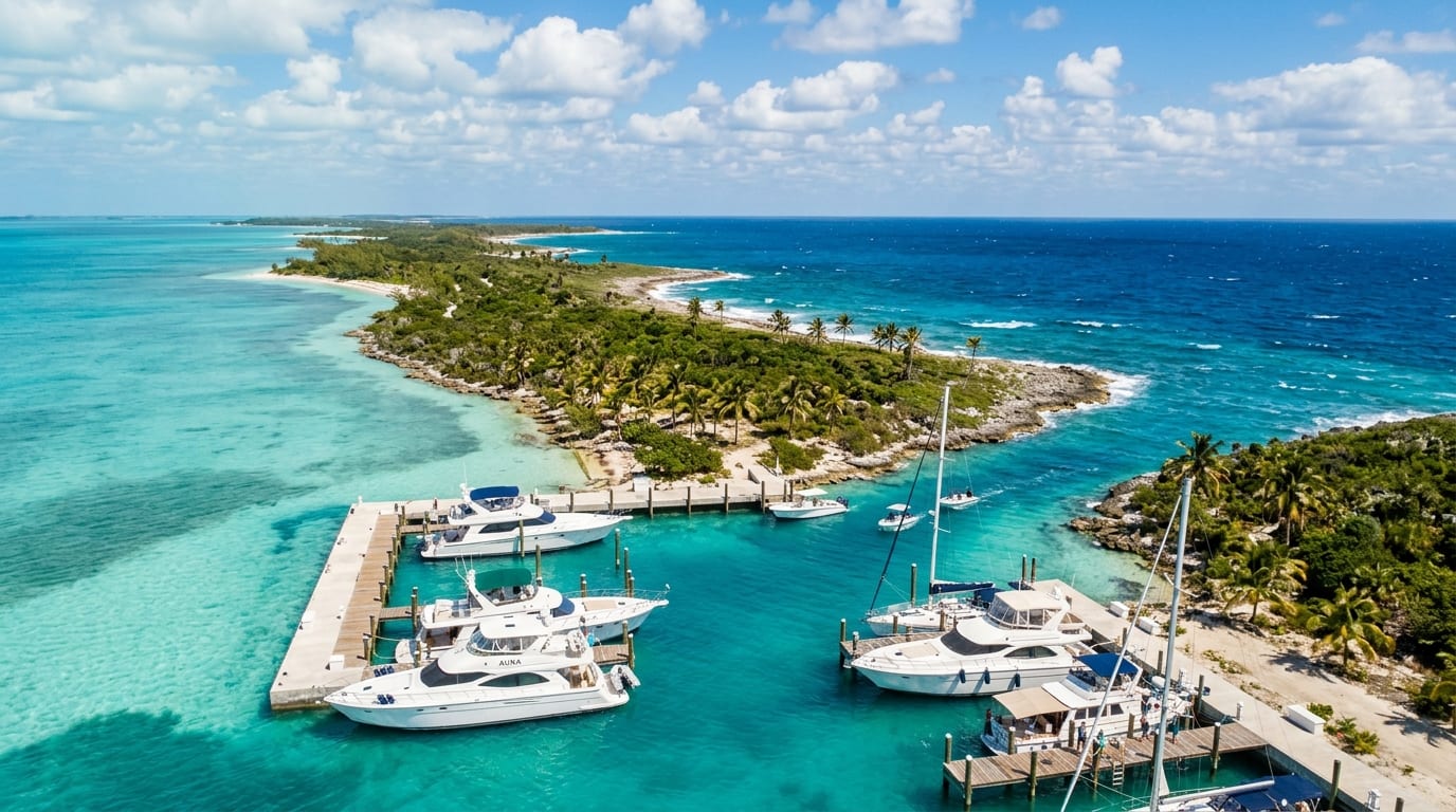 Cape Eleuthera Resort & Marina with yachts at dock overlooking the turquoise waters of Exuma Sound