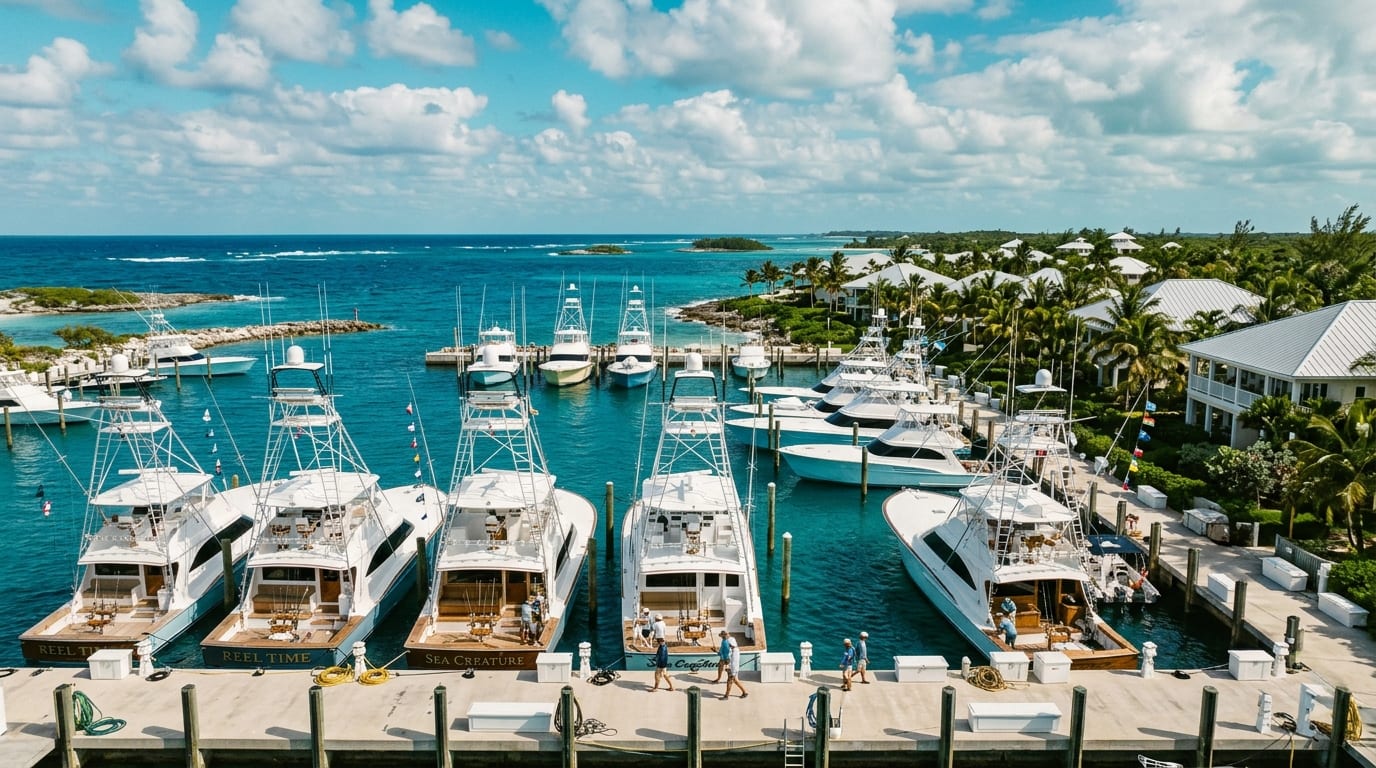 Chub Cay Marina with sportfishing yachts moored at concrete floating docks and the Berry Islands waters beyond