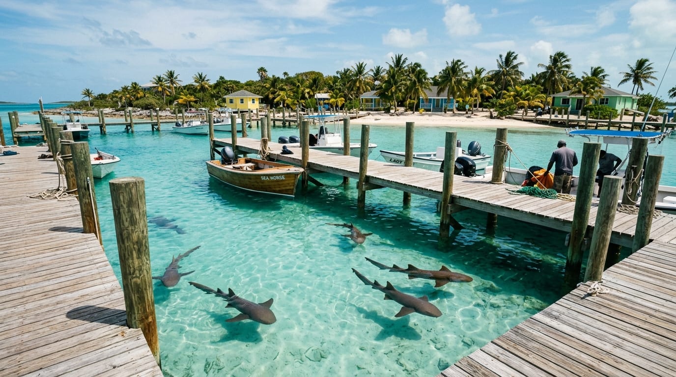Compass Cay Marina with boats at dock and nurse sharks swimming in clear turquoise water beside the pier