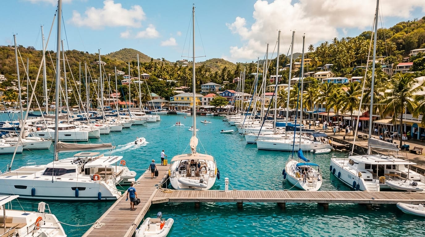 Conch Inn Marina with charter sailboats and cruising yachts at dock in downtown Marsh Harbour on the Sea of Abaco