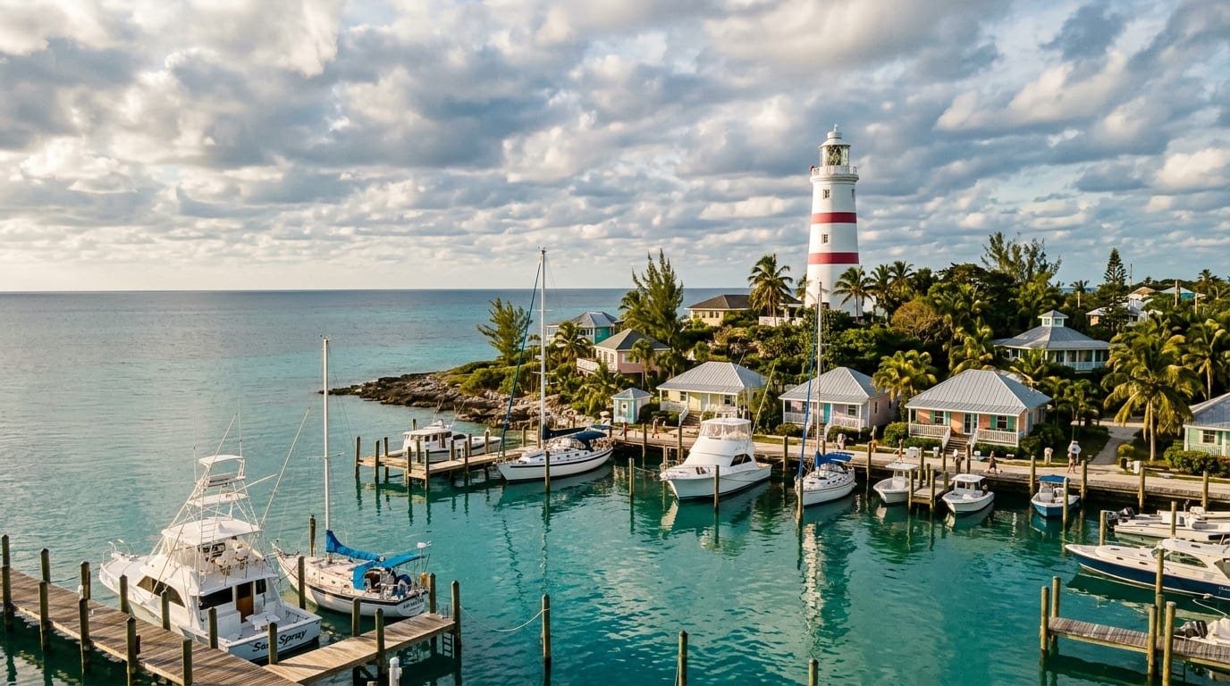 Crooked Island Lodge Marina with yachts at dock beneath the historic Bird Rock Lighthouse at Pitts Town Point