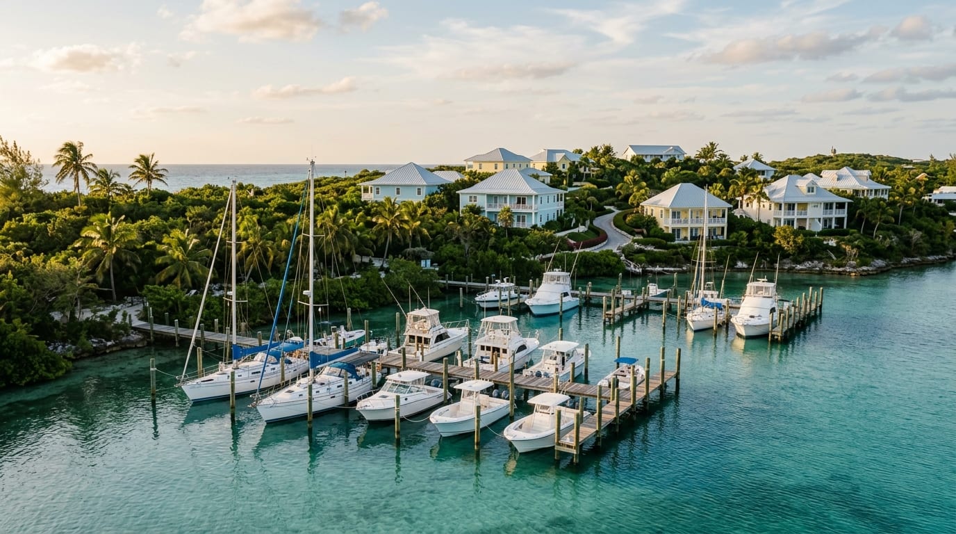 Davis Harbour Marina with boats at dock and the Cotton Bay coastline in South Eleuthera