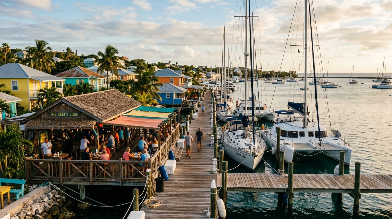 Exuma Yacht Club Marina in George Town with boats at dock and Elizabeth Harbour stretching beyond, Great Exuma