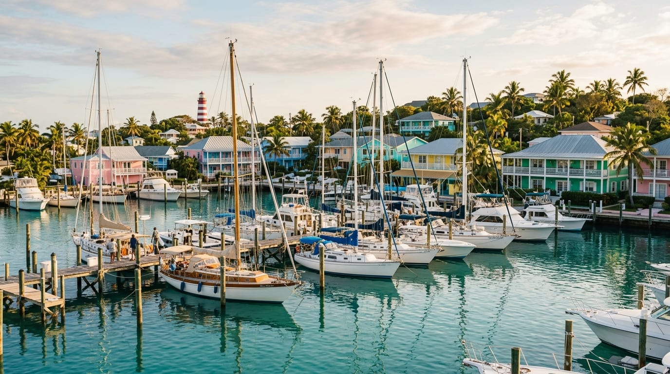 Exuma Yacht Club marina in George Town with boats at dock and Elizabeth Harbour waters beyond