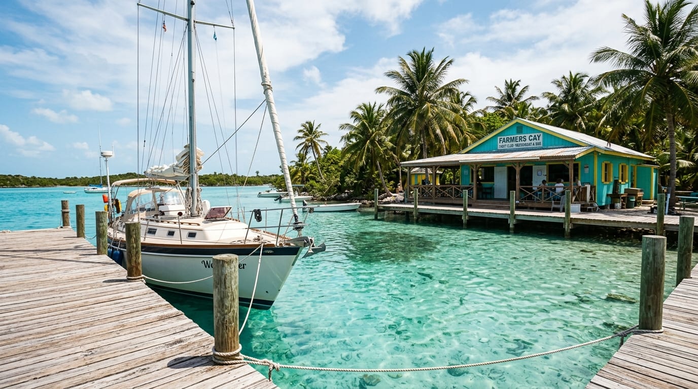 Farmers Cay Yacht Club Marina with sailboat at wooden dock, palm trees, and turquoise Exuma water at Little Farmers Cay