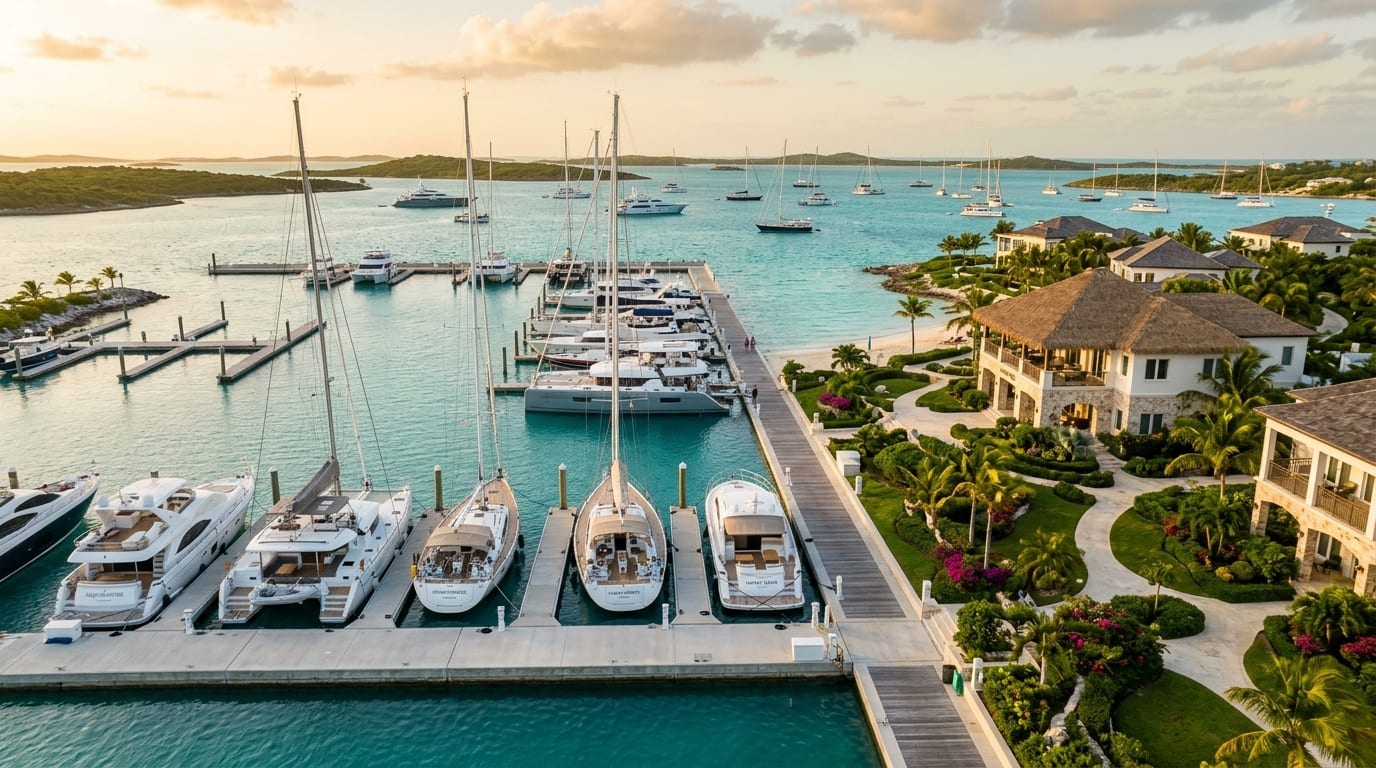 February Point Marina floating docks with yachts berthed in Elizabeth Harbour, Great Exuma Beach Club visible on shore