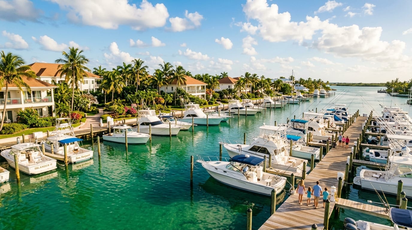 Flamingo Bay Marina on Bell Channel with boats docked along the waterfront and the hotel buildings visible beyond palm trees