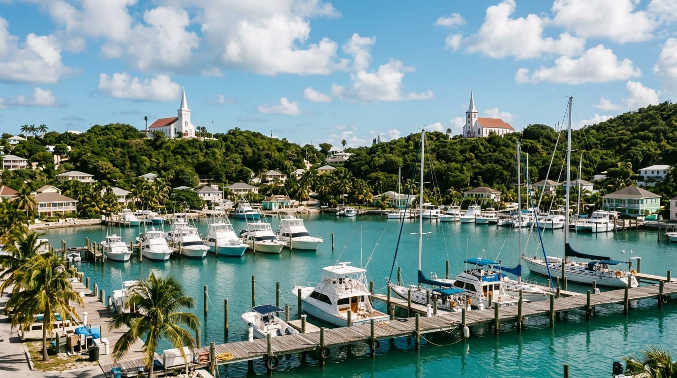 Flying Fish Marina in Clarence Town harbour with docked yachts and twin church spires visible on the hills above, Long Island Bahamas