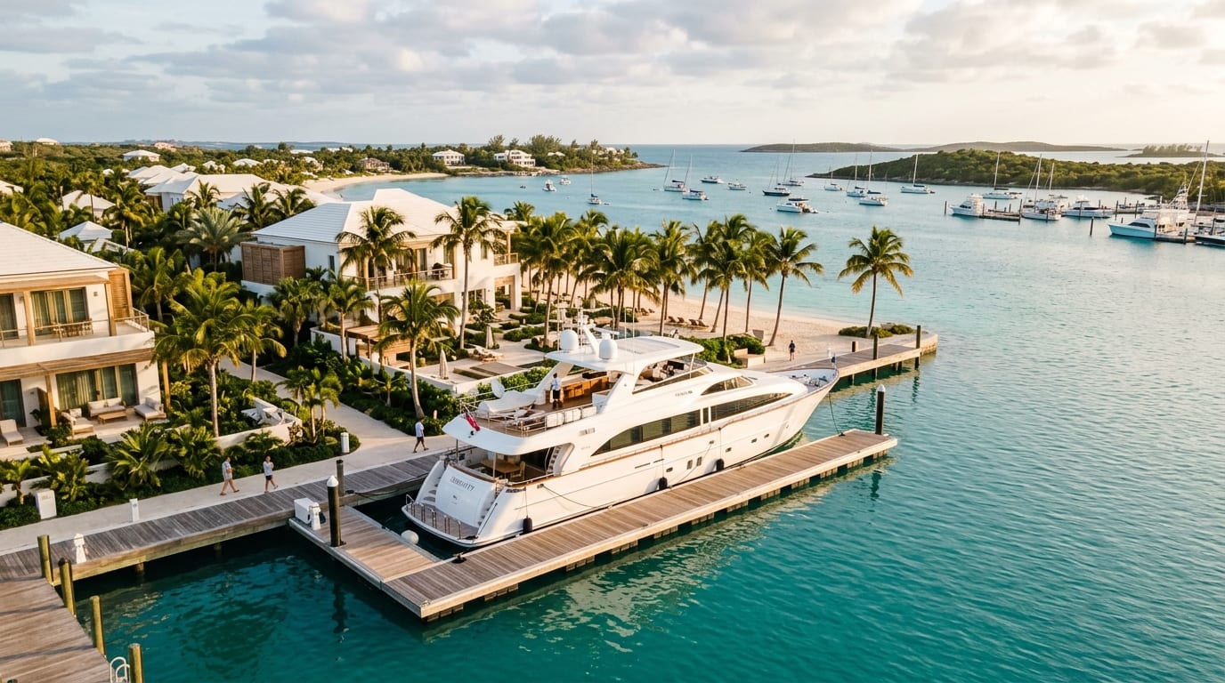 French Leave Resort & Marina with a megayacht docked in Governor's Harbour, Eleuthera