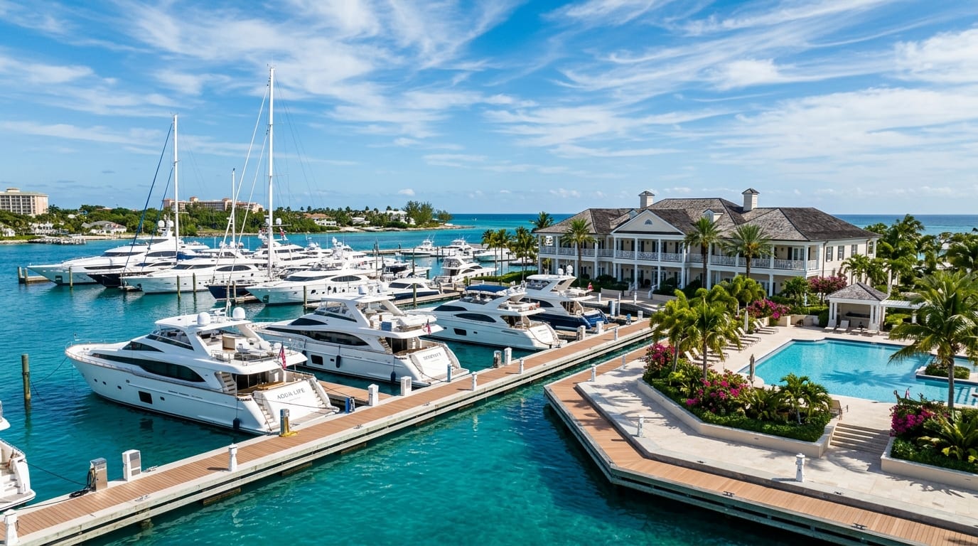 Grand Bahama Yacht Club marina basin showing luxury yachts at dock with the clubhouse and Olympic pool visible in the background
