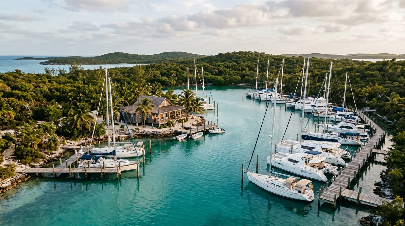Great Harbour Cay Marina with cruising yachts moored in the protected hurricane hole surrounded by native vegetation