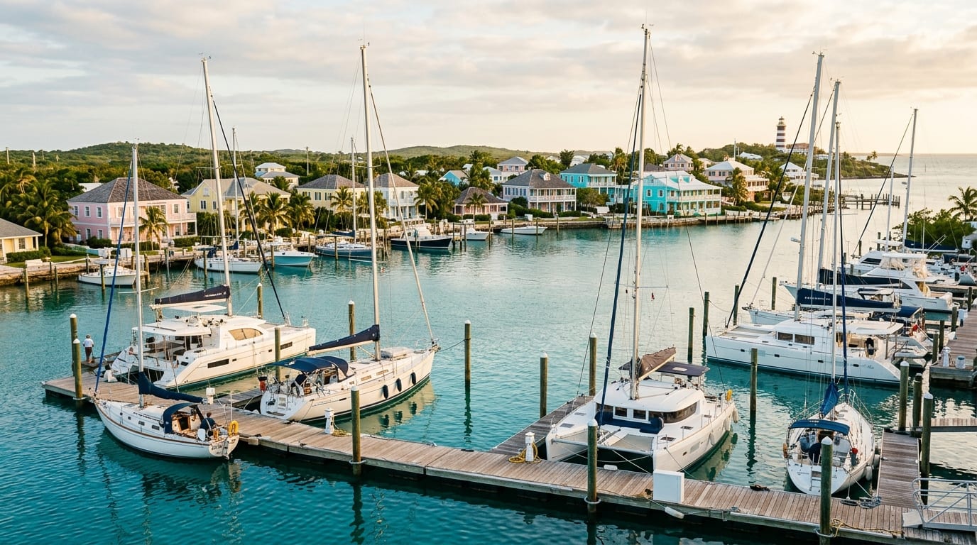 Green Turtle Club Marina with sailboats moored in White Sound and the historic settlement of New Plymouth visible across the harbor