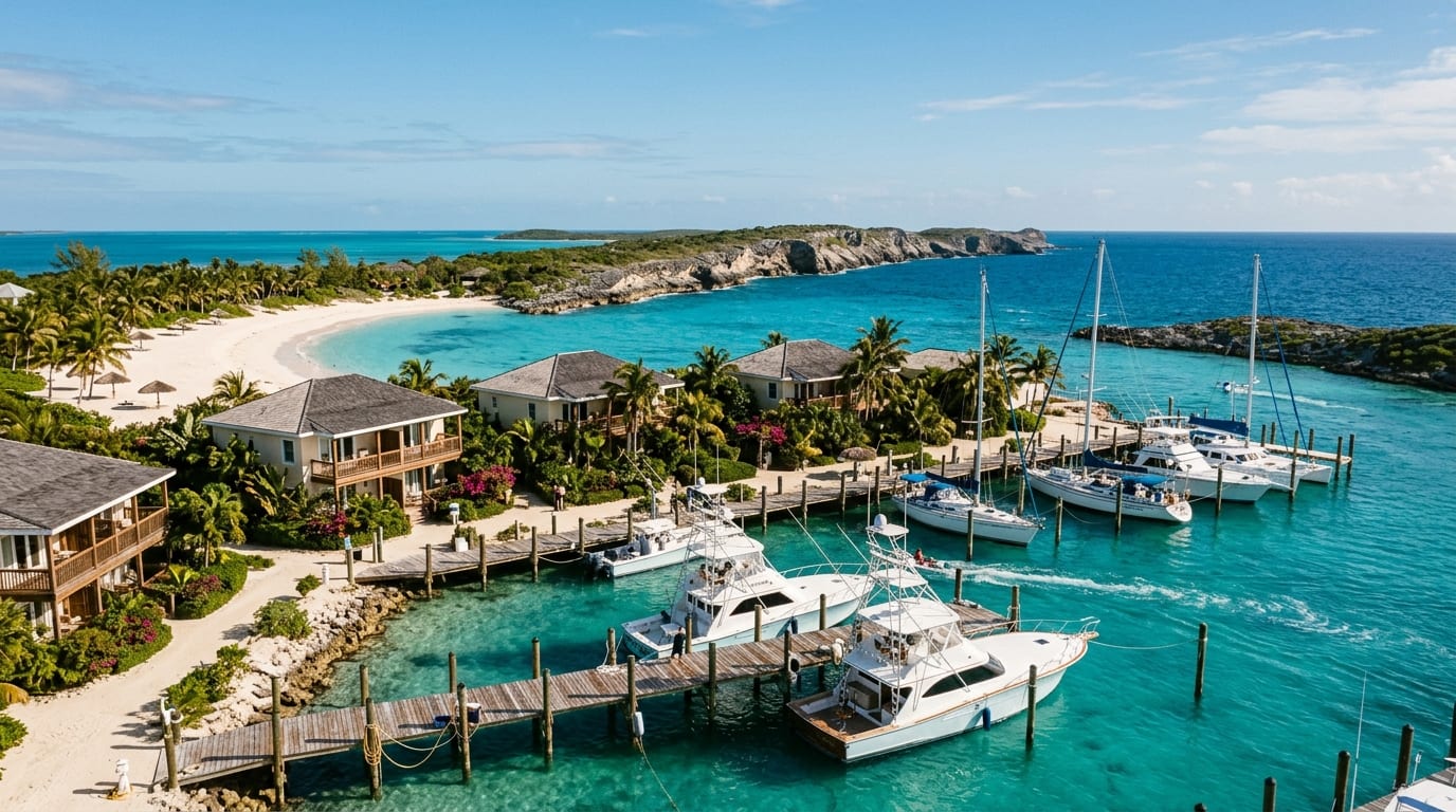 Hawk's Nest Resort & Marina with sportfishing boats at dock and Cat Island's rugged southern coastline stretching beyond