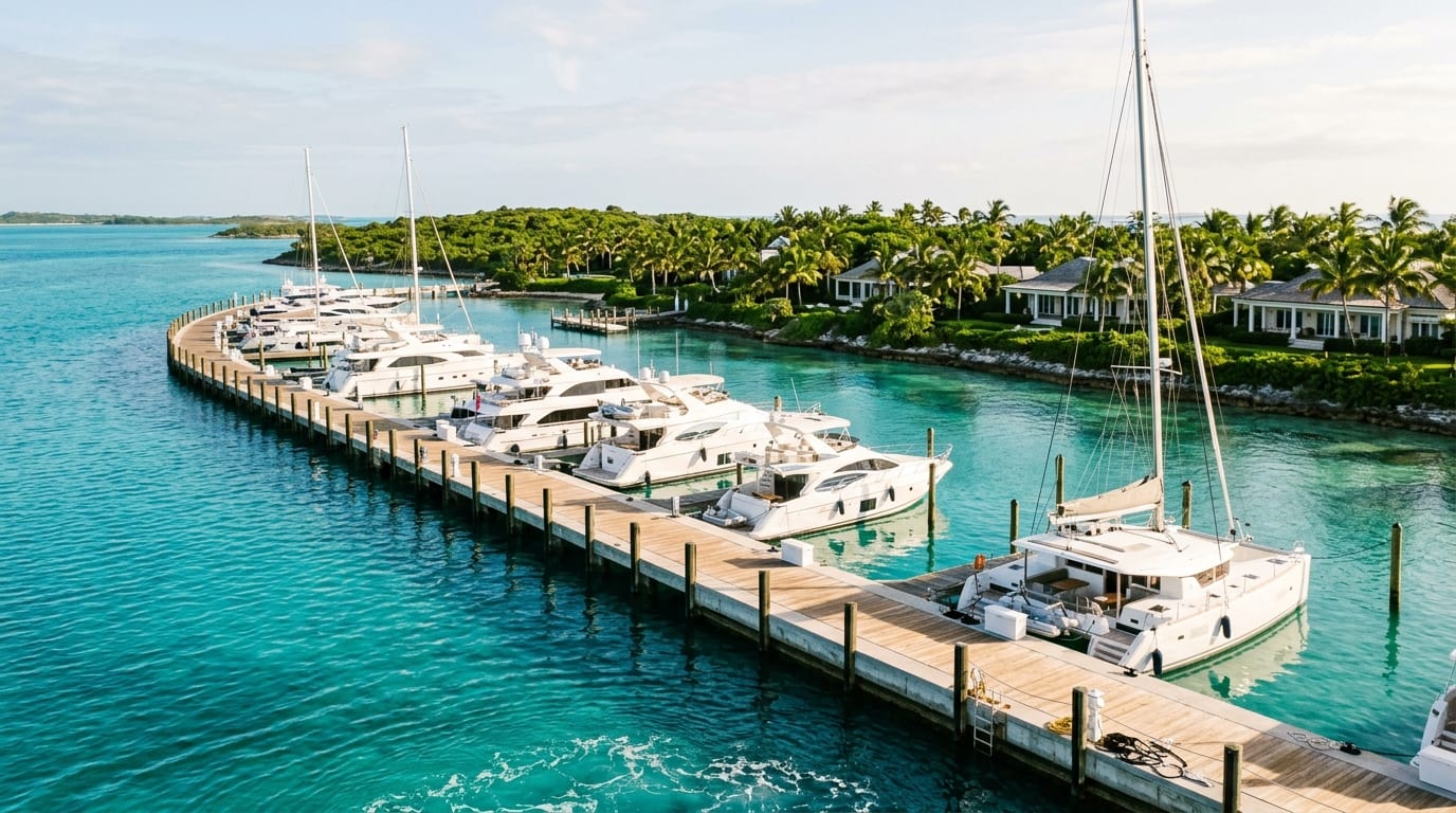 Highbourne Cay Marina with yachts at the face dock, turquoise Exuma Cays waters, and lush private island behind