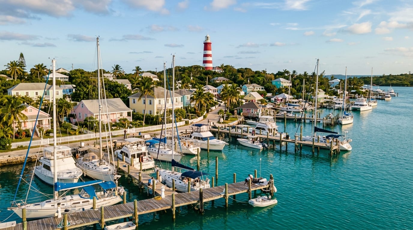 Hope Town Inn & Marina with yachts at dock and the iconic red-and-white striped Elbow Reef Lighthouse rising above Hope Town Harbour