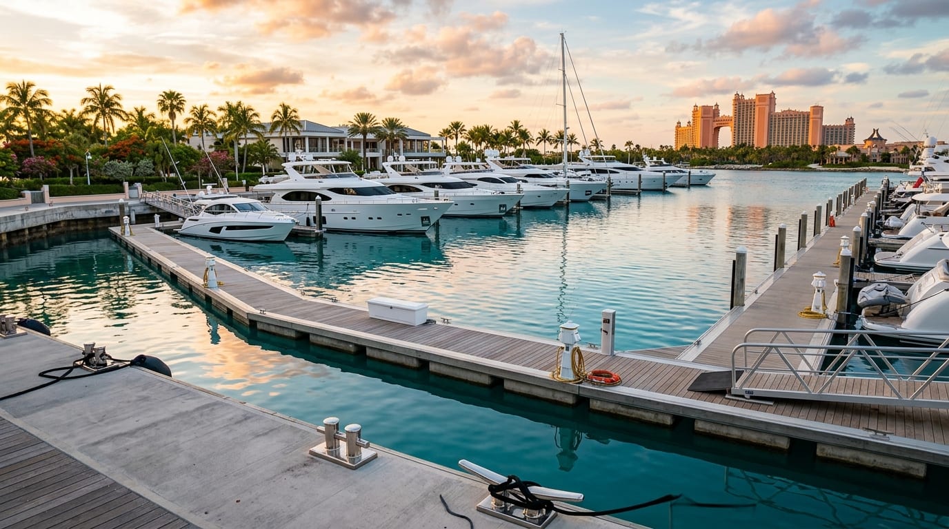Hurricane Hole Superyacht Marina at Paradise Landing with luxury yachts berthed at floating concrete docks and Paradise Island skyline