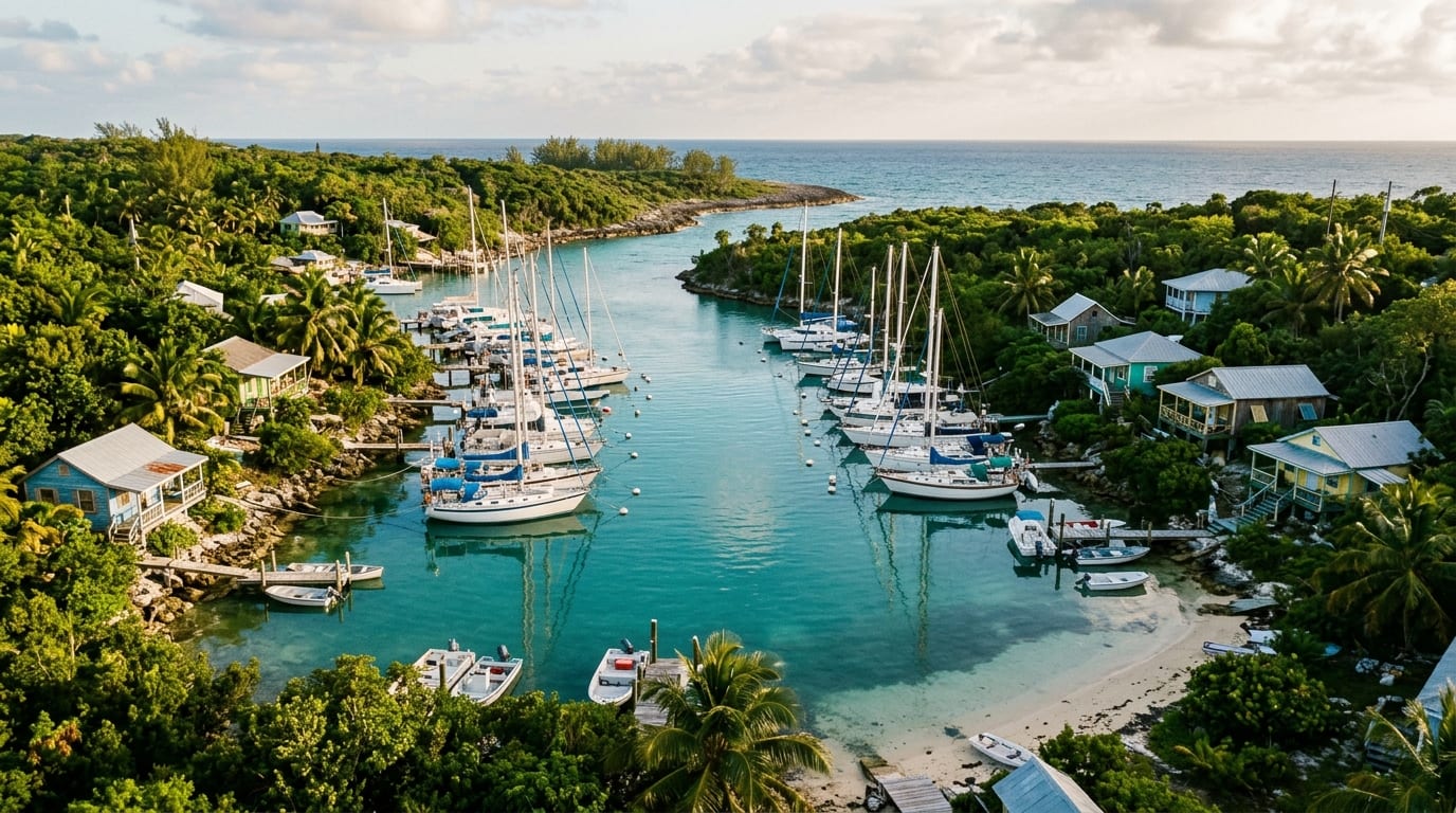 Kevalli House Marina with boats at moorings in a protected Stocking Island cove, waterfront cottages visible on shore