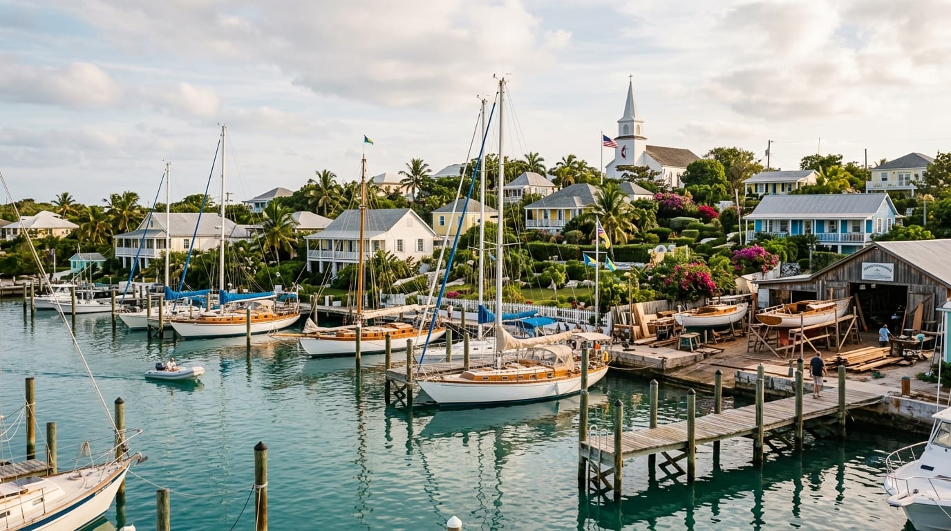 Man-O-War Marina with sailboats at dock and the traditional settlement visible behind on this historic boatbuilding island