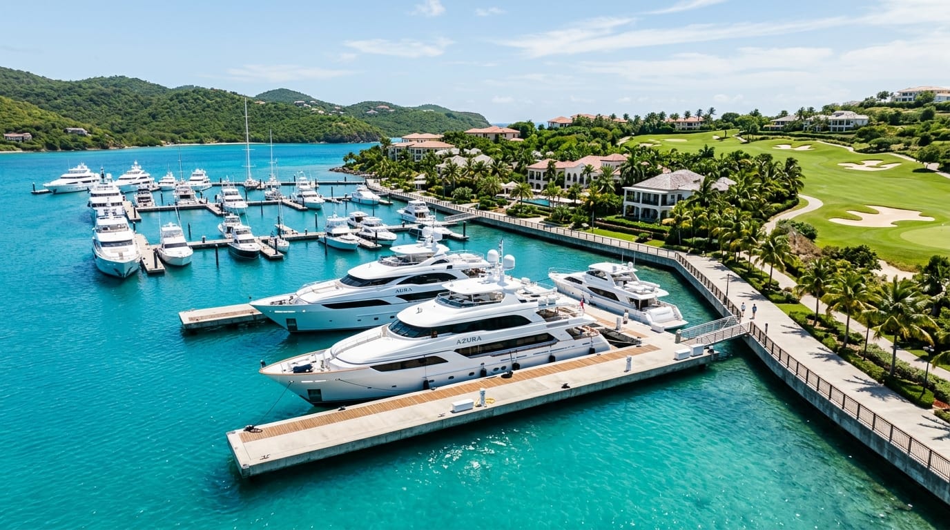 Marina at Emerald Bay with superyachts at floating docks, turquoise Great Exuma waters, and resort buildings in background